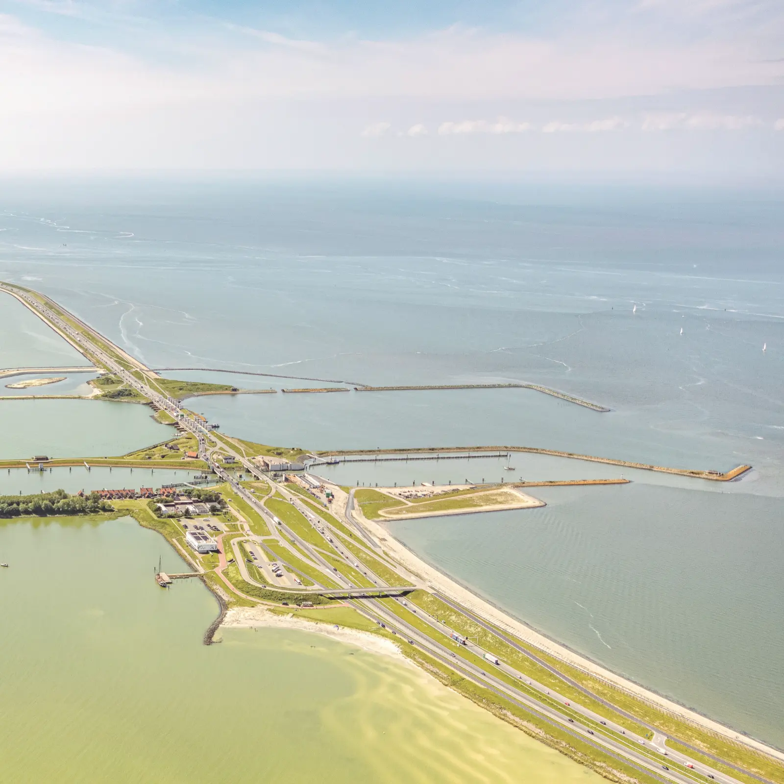Aerial of the Afsluitdijk between the IJsselmeer and the Wadden Sea.